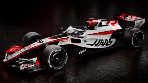 A graphic image of the 2026 Haas VF26 F1 car