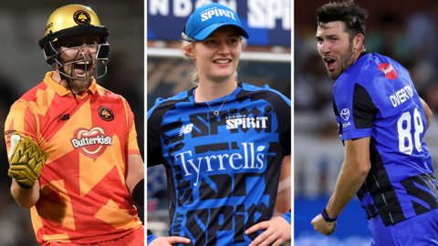 Liam Livingstone fist bumps in Birmingham Phoenix kit, Charlie Dean looks on and Jamie Overton celebrates a wicket for London Spirit